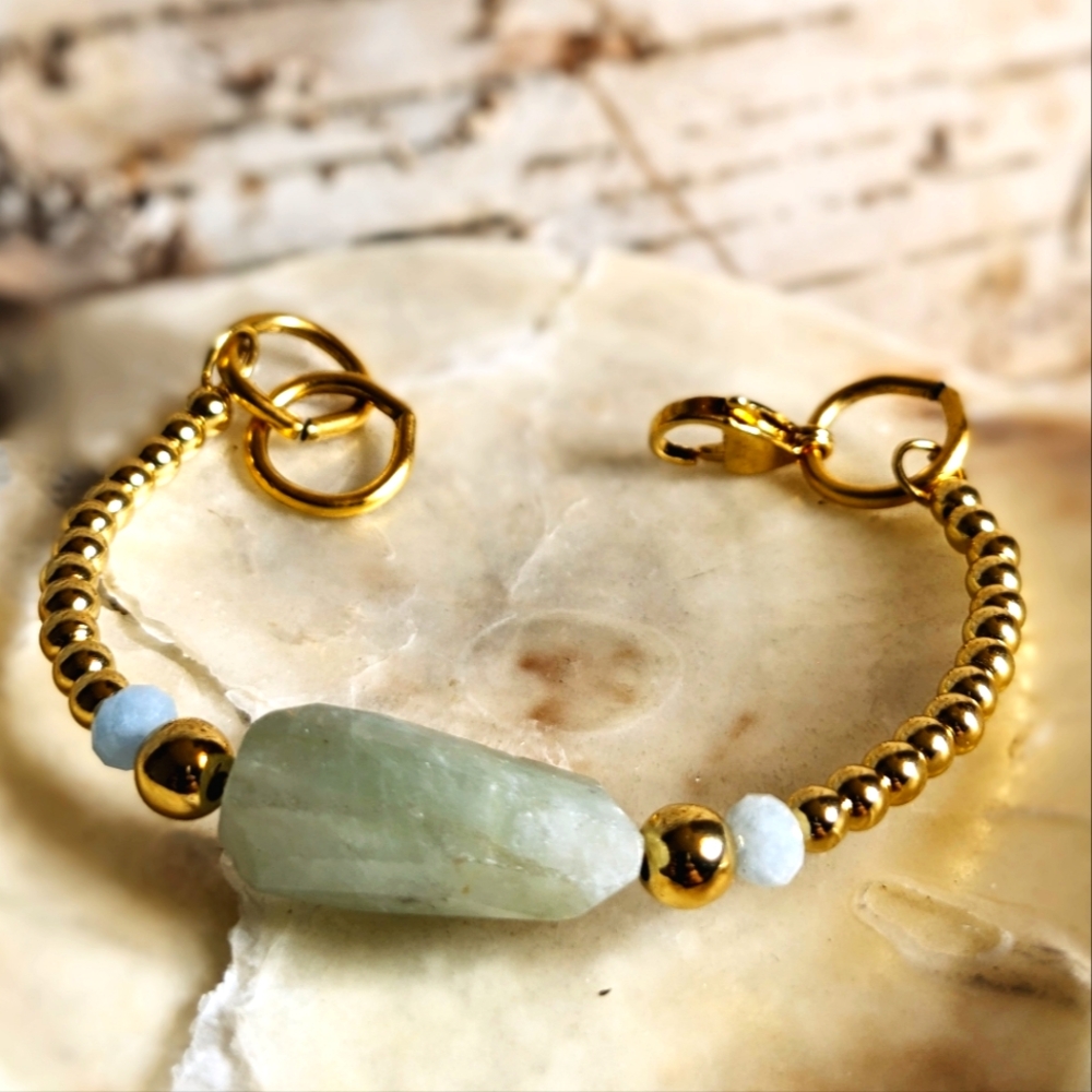 Natural Large Aquamarine Nugget & Gold Beads In Sweet Classy Bracelet